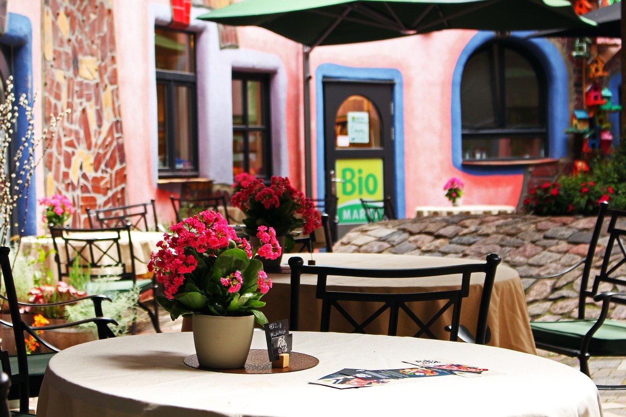 hundred water house, magdeburg, hundertwasser, facade, building, architecture, modern, window, saxony-anhalt, coffee, restaurante, art, style, architectural style, garden chairs, colorful facade, sightseeing, bio load